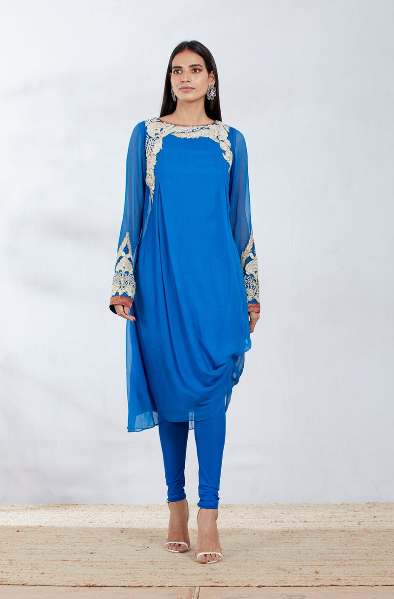 Persian Blue Silk Chiffon Draped Kurta Set