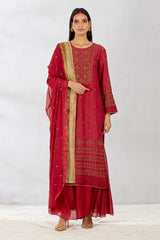 Red Long Kurta With Chanderi Pants And Georgette Dupatta