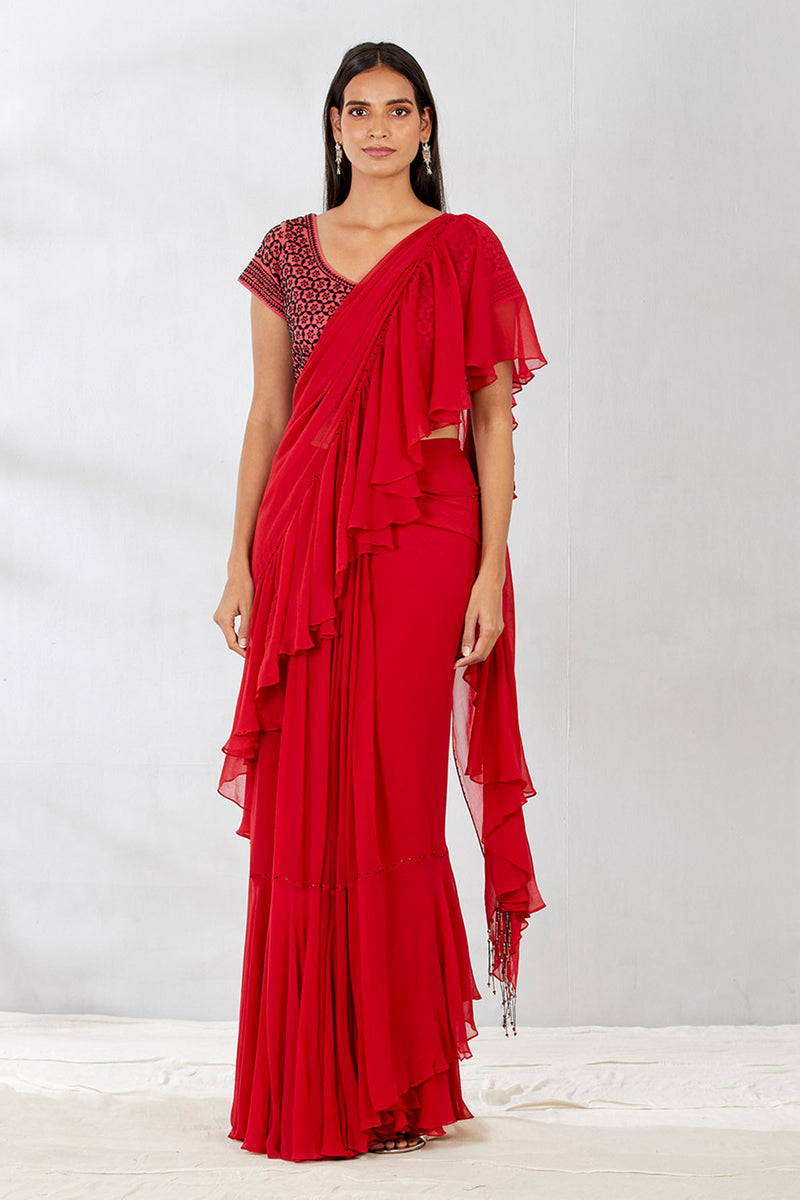 Scarlet Blouse With Pre-Stitched Saree