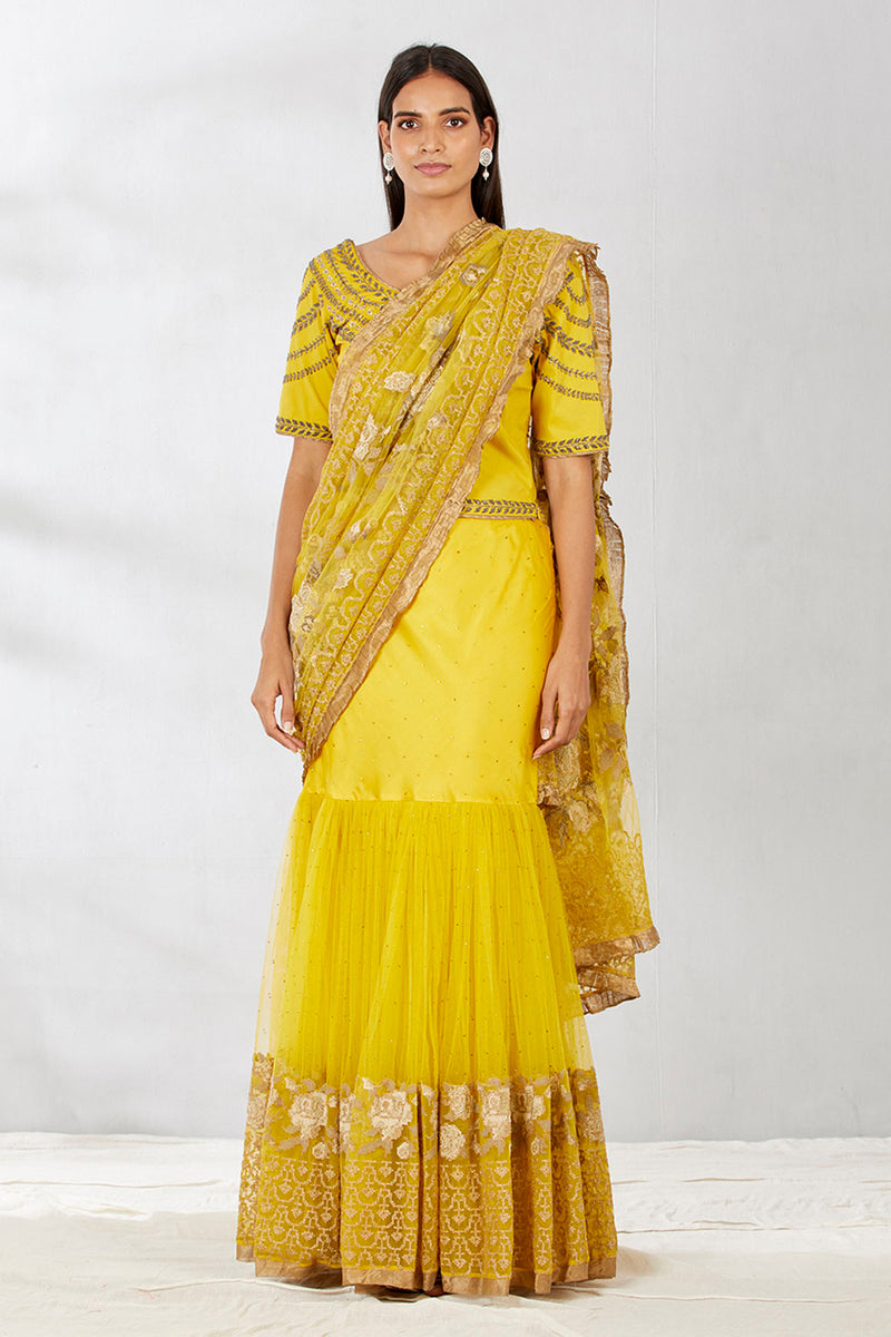 Yellow Hand Embellished  Blouse With Lehenga Saree