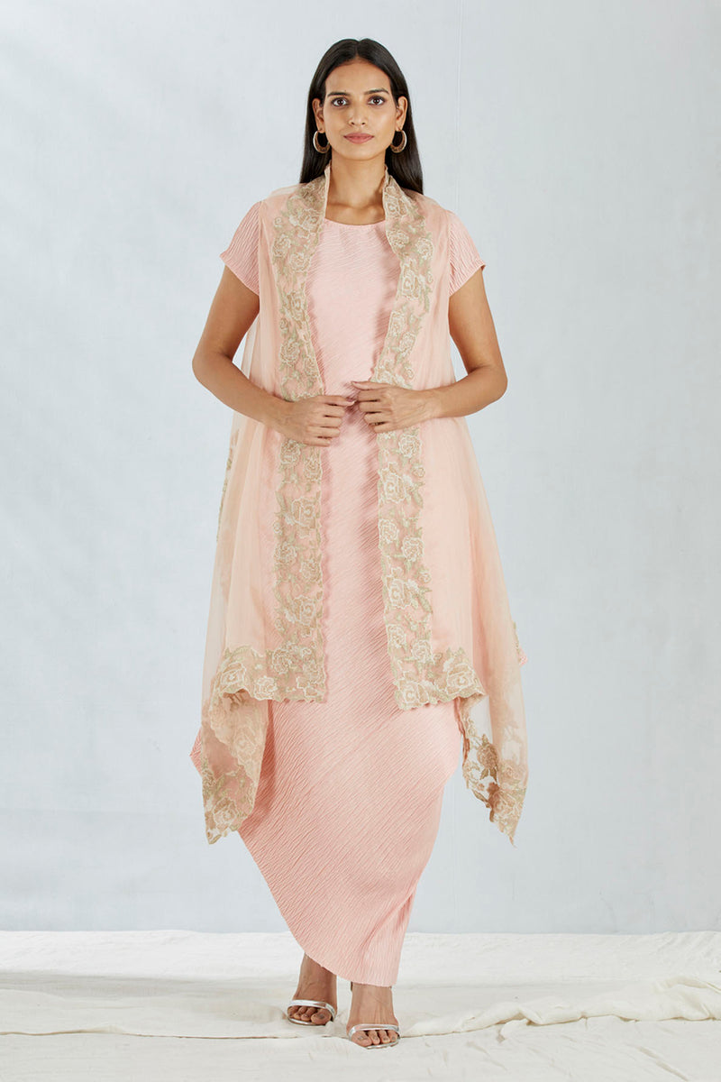 Peach Organza Cape With Crinkle Dress