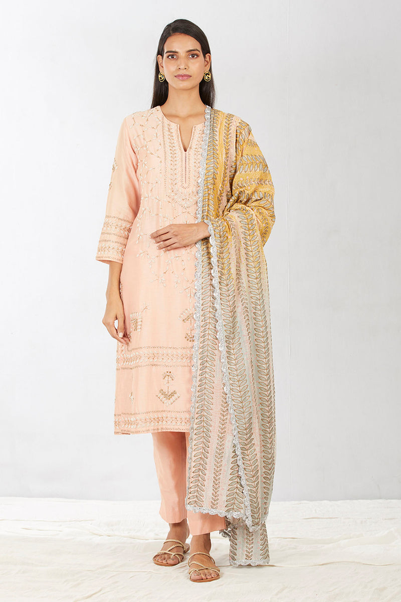 Peach Hand Embroidered Kurta Set