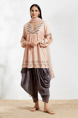 Nude Boho Tunic With Grey Dhoti Pants Set