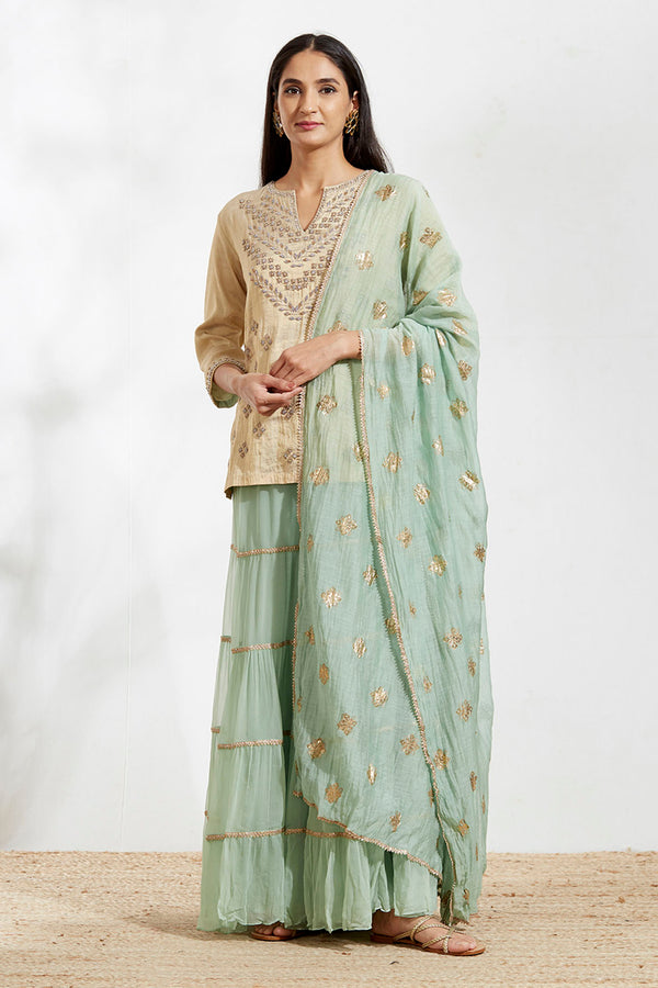 Tissue Kurti With Mint Sharara And Dupatta