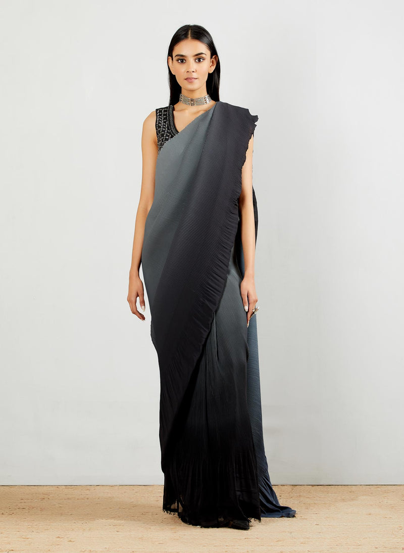 Shaded Pleated Pre-Stitched Saree Paired With Hand Embroidered Lycra Top