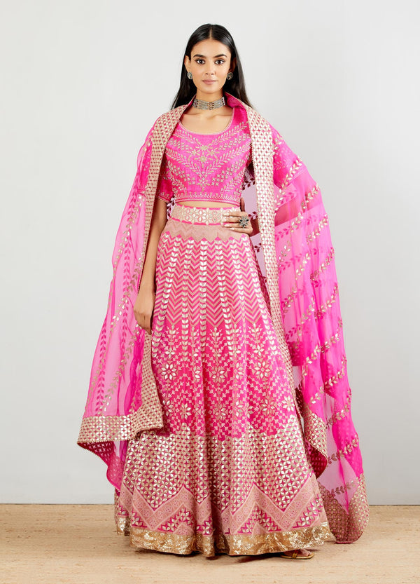 Hot Pink Gota Patti Embroidered Organza Skirt And Dupatta Paired With Dupion Silk Blouse