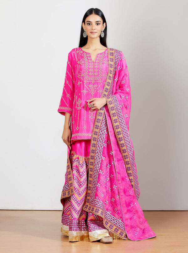 Hot Pink Garara Set In Silk Paired With Organza Dupatta In Gota Patti Embroidery