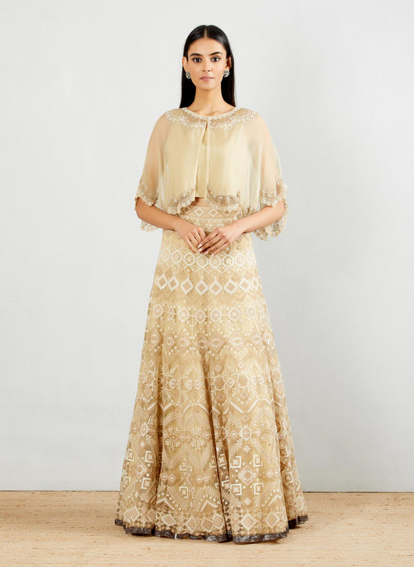 Organza Cape In Pearl Embroidery Paired With Cross Stitch Embroidered Mesh Lehnga