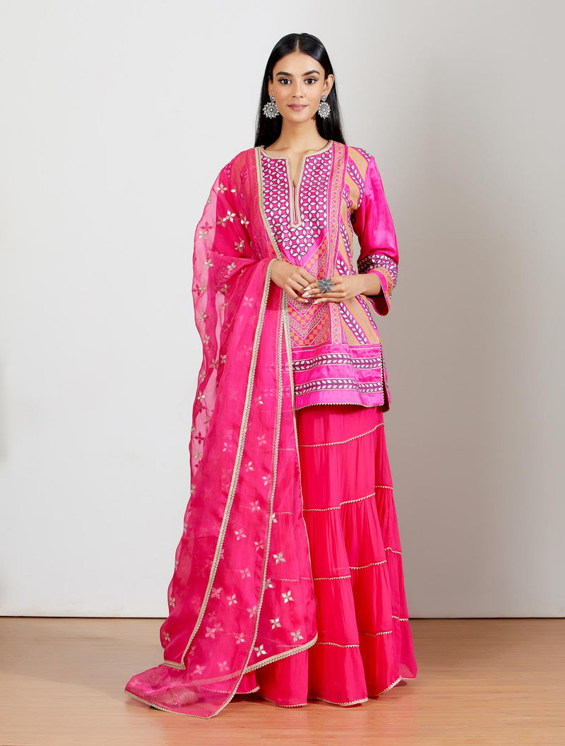 Hot Pink Organza Gota Patti Kurti Paired With Georgette Tiered Sharara And Organza Dupatta