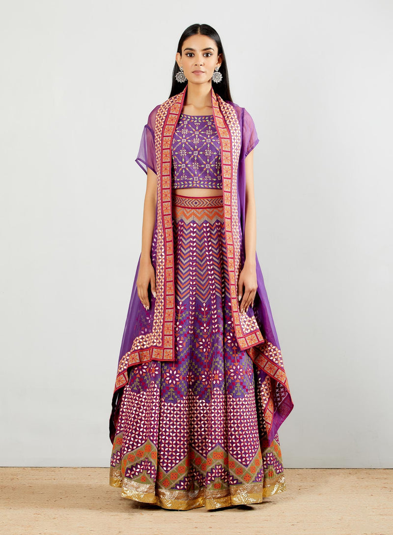 Purple Organza Cape And Gota Embroidered Lehnga With Poplin Lycra Hand Embroidered Blouse