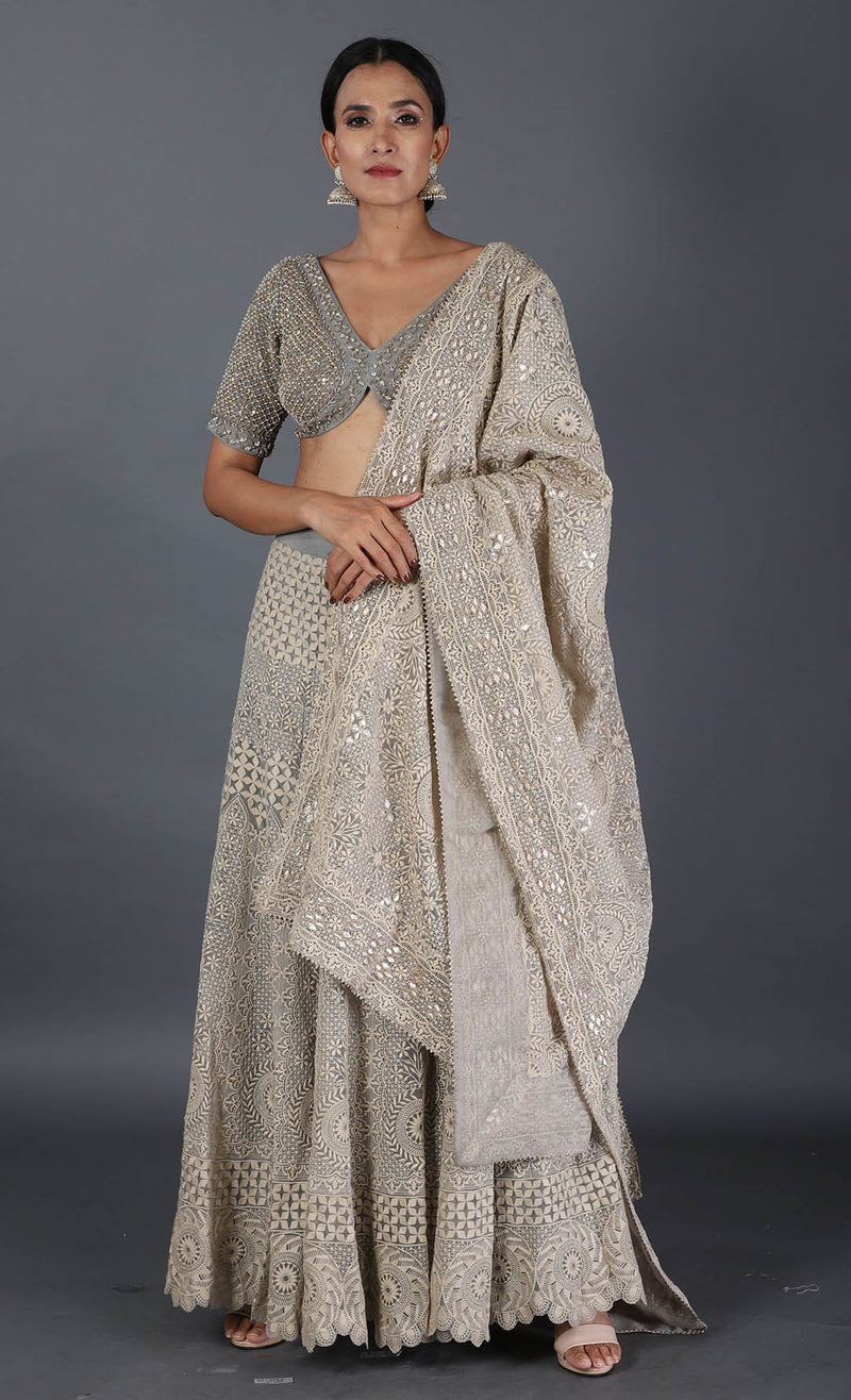 Grey Cross Stitch Embroidered And Gota Work Lehenga Set