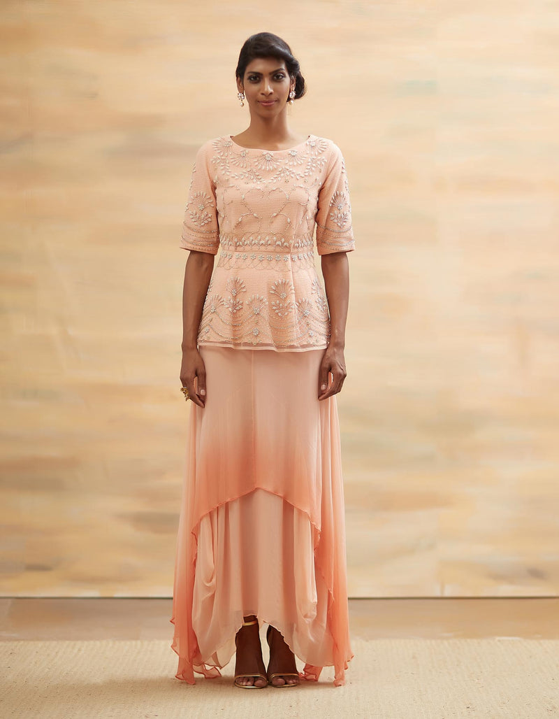 Peach Embroidered Peplum Top with Skirt