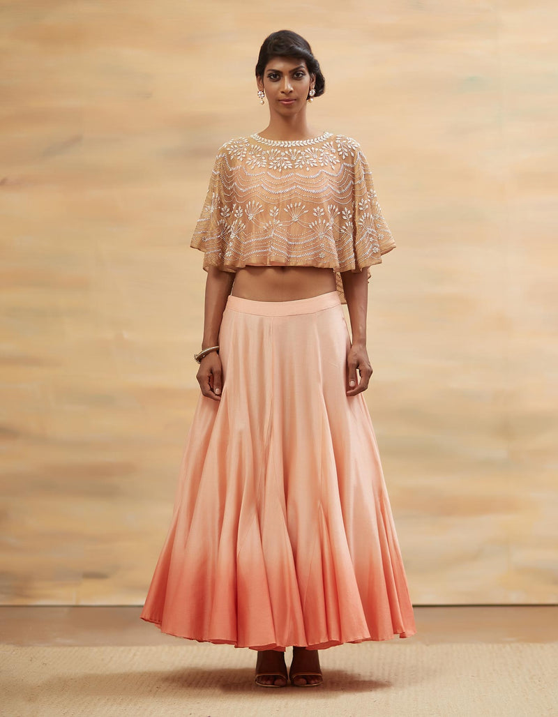 Peach Embroidered Cape with Skirt