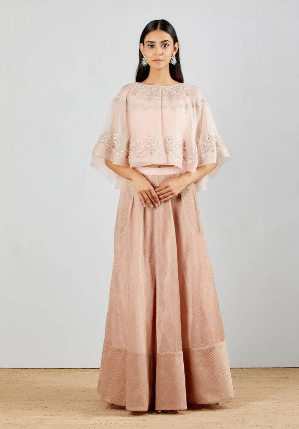 Blush Pink Front Open Cape In Intricate Bead Work With Dull Gold Textured Skirt