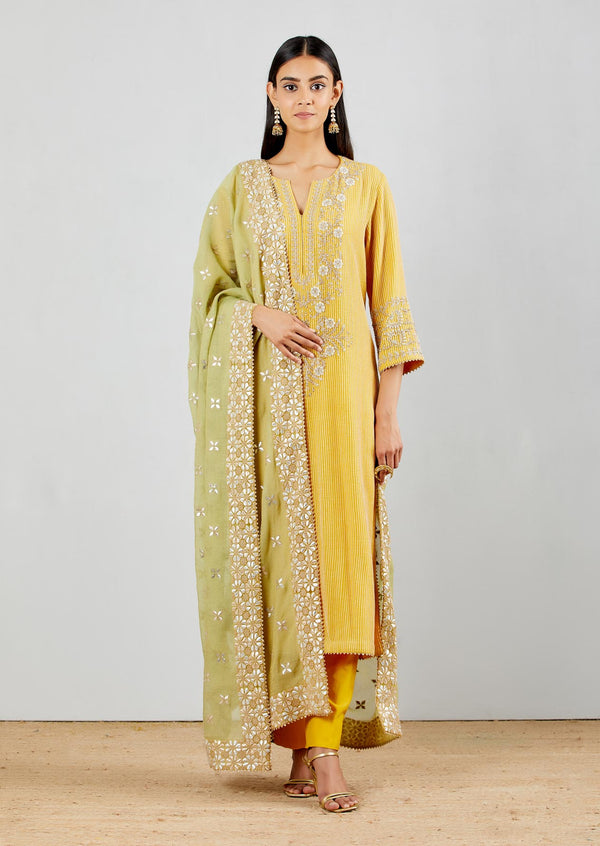 Yellow Long Straight Chanderi Silk Kurta With Slim Fit Pants And Dupatta