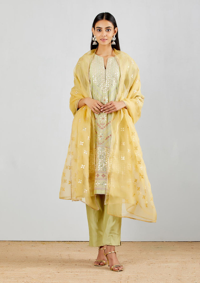 Sage Green Gota Patti Embroidered Straight Kurta With Slim Fit Pants And Yellow Dupatta