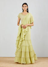 Sage Tiered Pre Stitched Saree With All Over Hand Embroidered Blouse