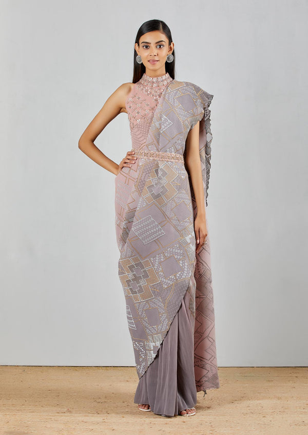 Blush Pink Pre-Stitched Crinkle Crepe Hand Block Saree With Hand Embroidered Blouse