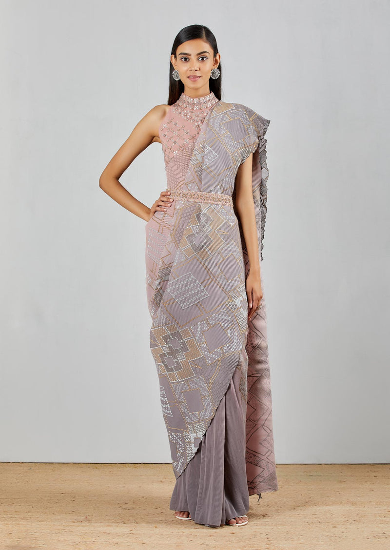 Blush Pink Pre-Stitched Crinkle Crepe Hand Block Saree With Hand Embroidered Blouse