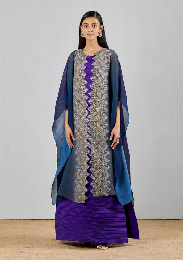 Shaded Blue Purple Crinkle Crepe Dress With Cape