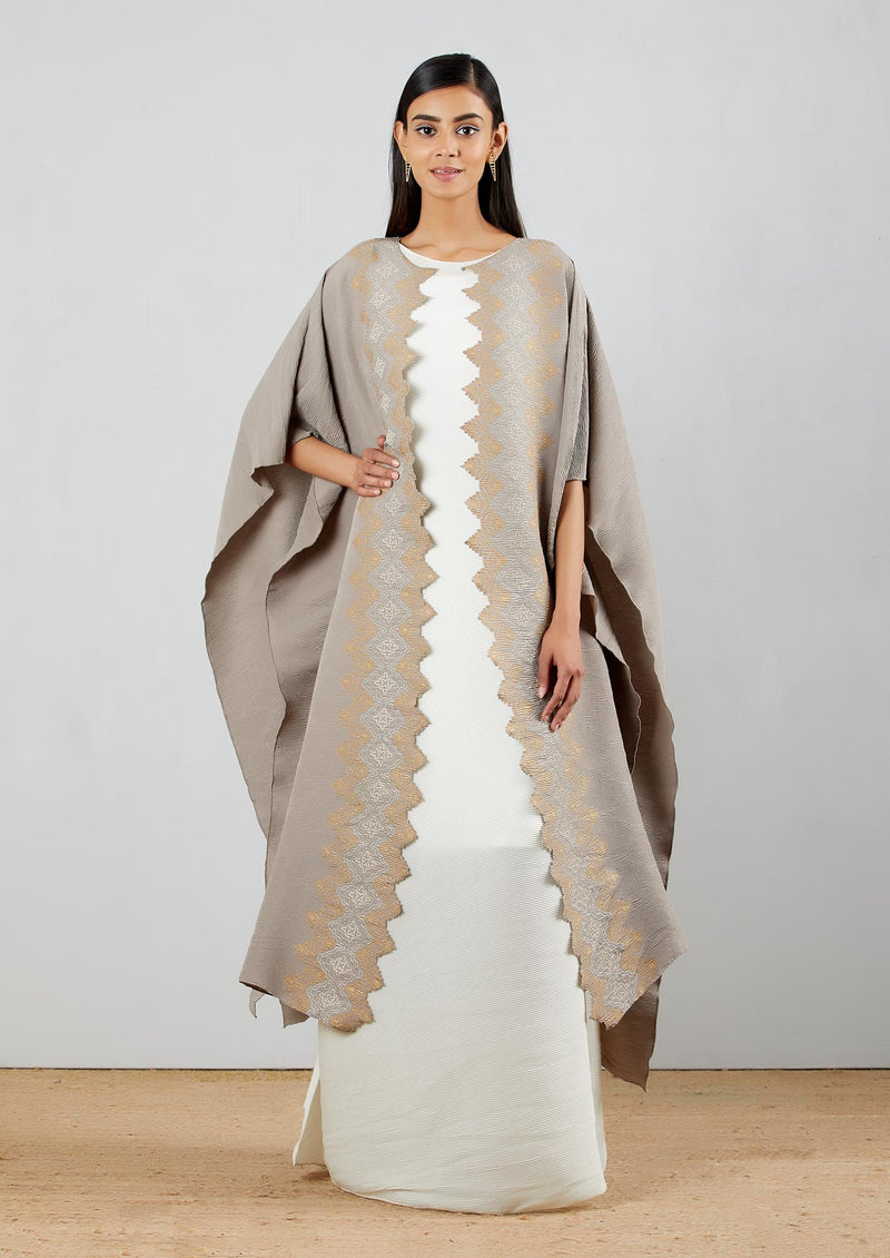 Ivory Crinkle Crepe Dress With Grey Front Open Hand Block Printed Cape