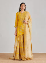 Yellow Hand Embellished High Low Tunic with Gold Lurex Tiered Sharara and Organza Dupatta