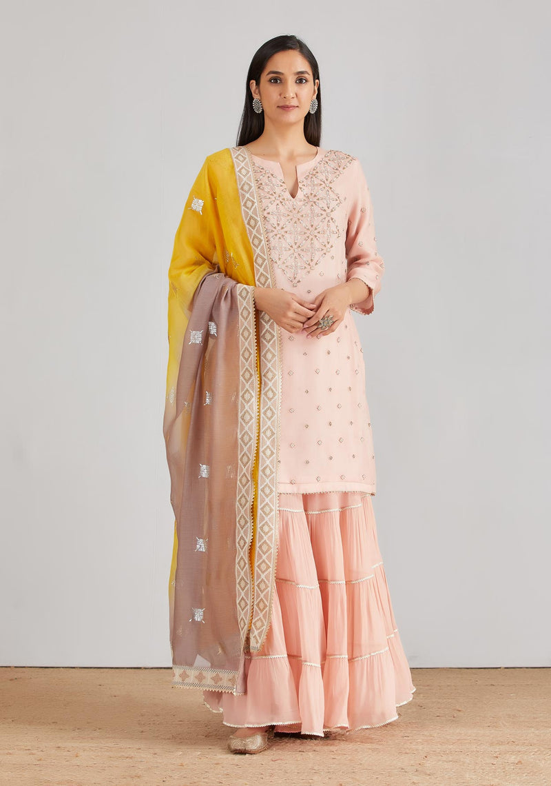 Pink Organza Silk Kurti Top with Sharara and Dupatta