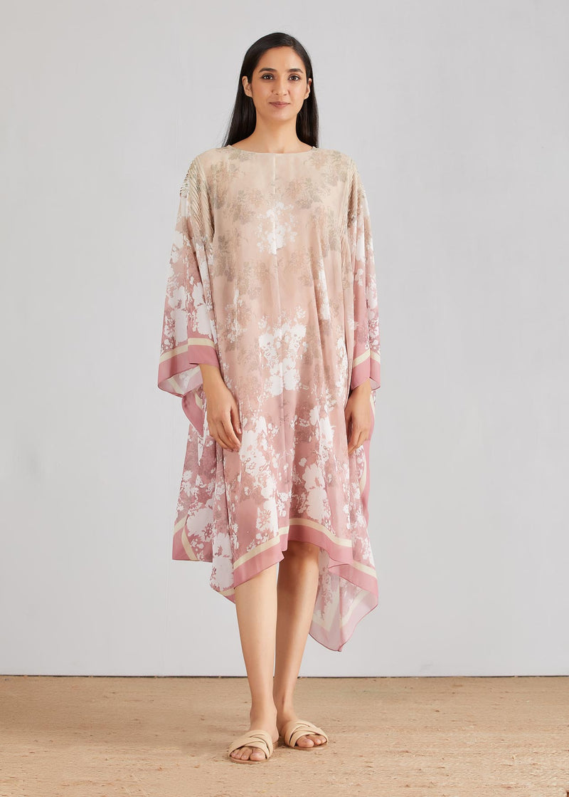 Pink Pleated Mid Calf Length Kaftaan Dress
