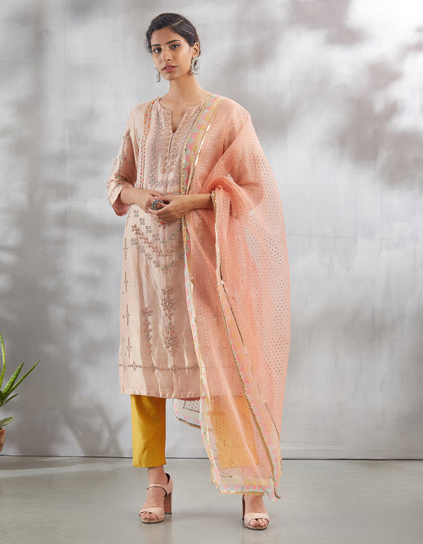 Pink with Mustard Chikan Kari Kurta Set