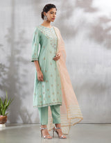 Peach Pink and Green Chikan Kari Kurta Set