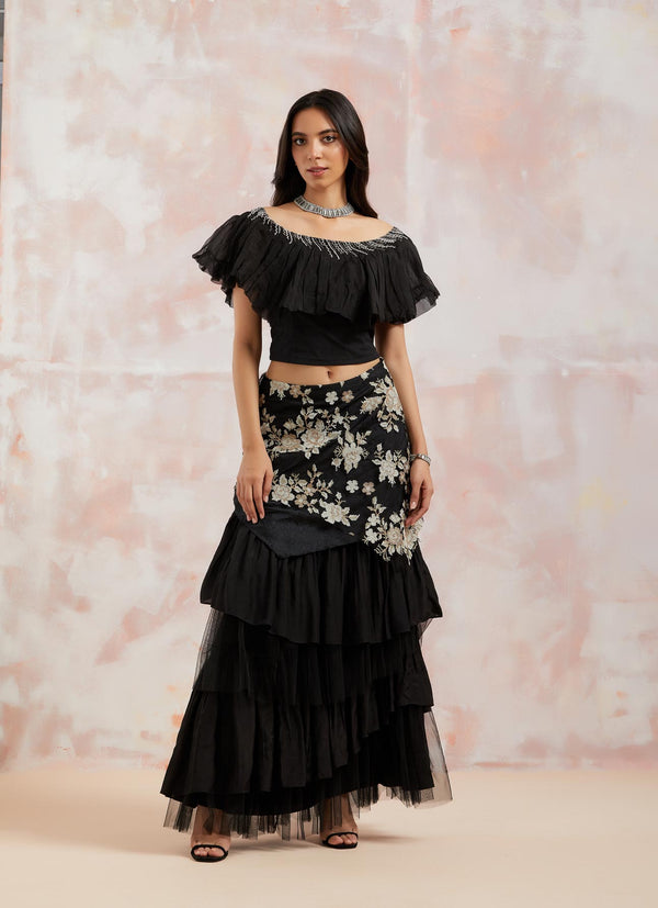Black Top With Embroidered Layered Skirt