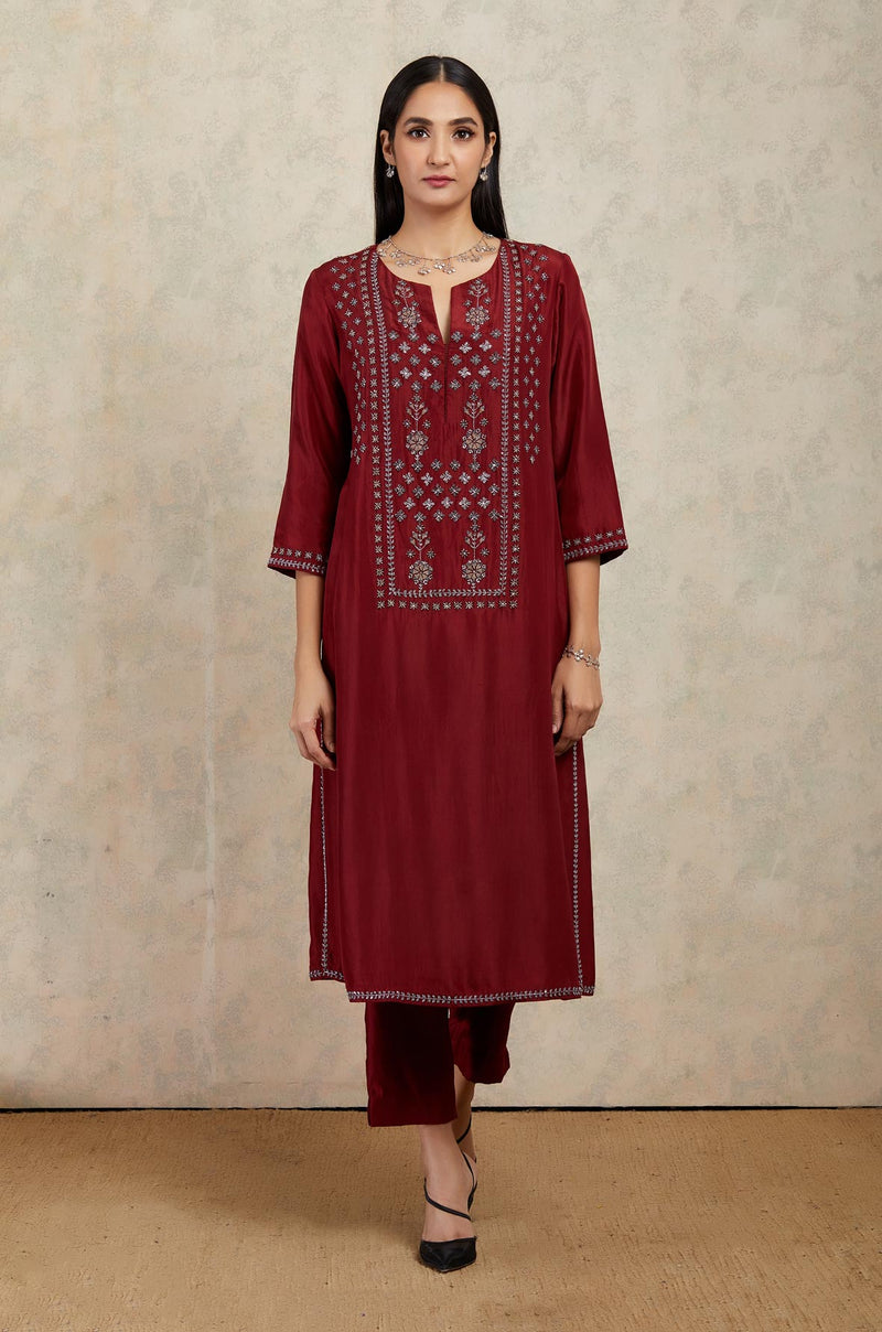 Deep Red Embroidered Kurta and Trouser Set