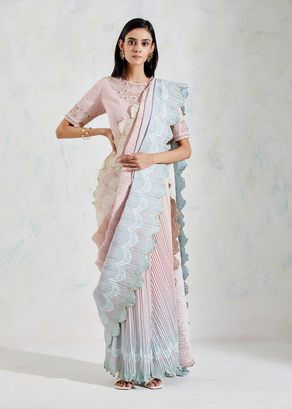 Peach and Blue Crinkle Georgette and Cotton Lycra Saree Set