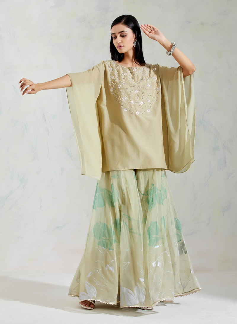 Green Cotton Silk and Georgette with Organza Kaftan with Sharara