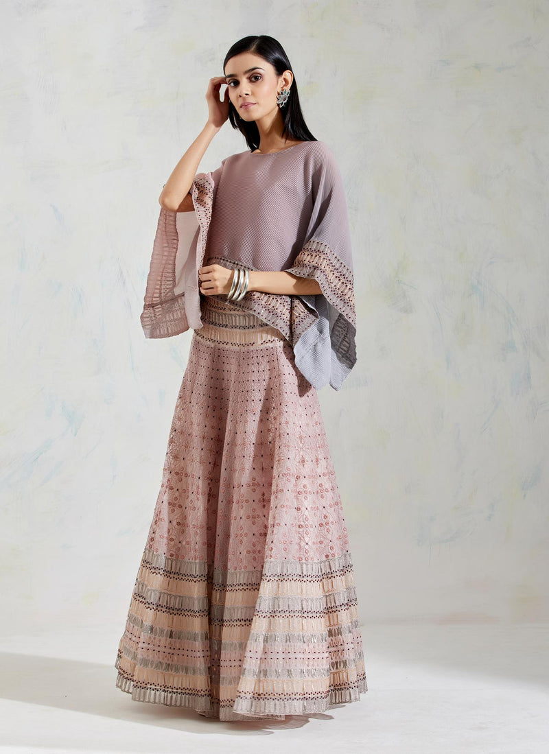 Pink and Grey Crinkle Georgette and Organza with K. Crepe Poncho with Skirt