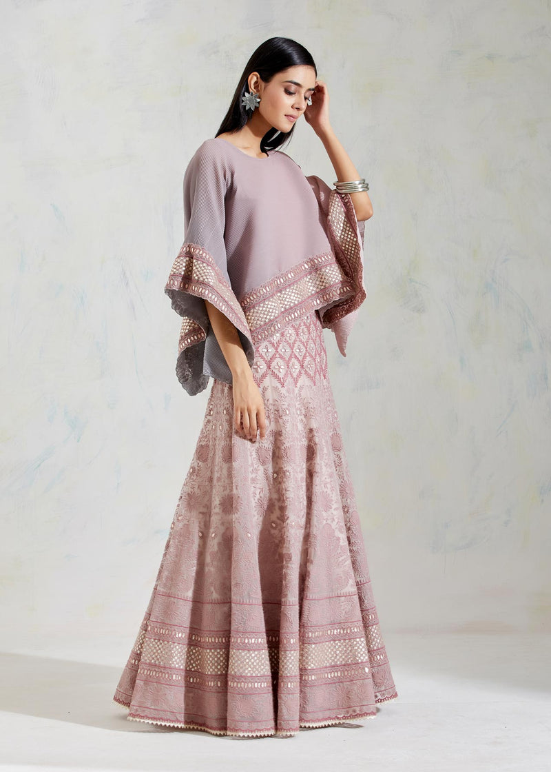 Pink and Grey Shaded Crinkle Georgette and Organza with K. Crepe Poncho with Skirt