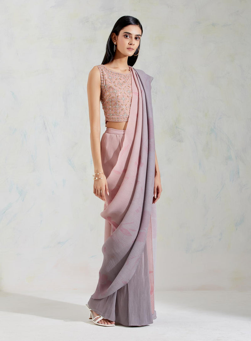 Pink and Grey Crinkle Georgette and Cotton Lycra Saree Set
