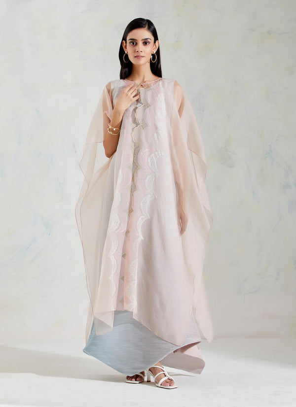Pink and Aquatic Sage Shaded Organza and Crinkle Crepe Cape and Dress