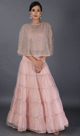 Candy Pink Hand Embroidered Circular Cape Paired With Tiered Skirt