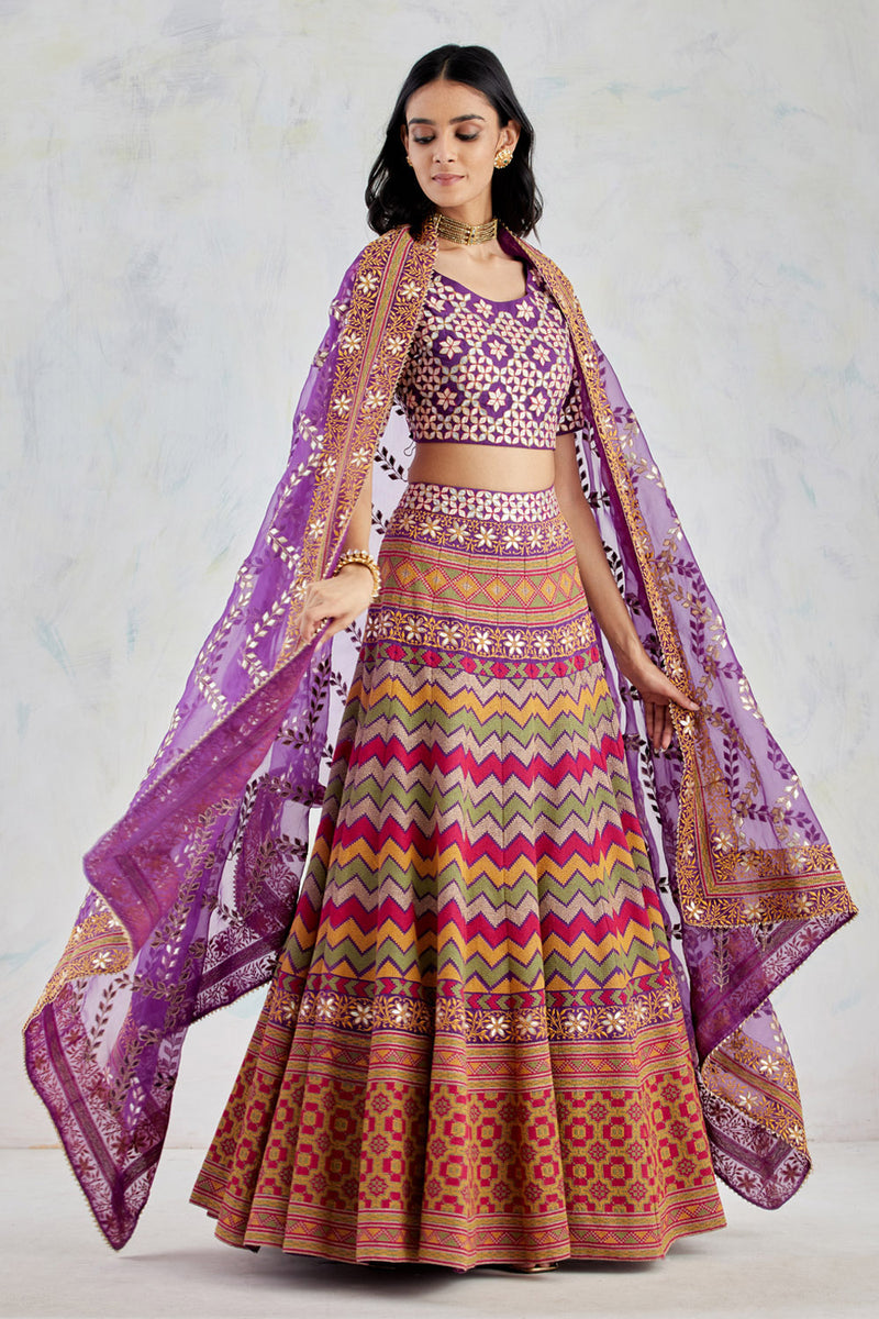 Purple Organza Silk Lehnga Set In Intricate Cross Stitch And Gota Patti Embroidery