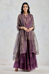 Aubergine Tissue Chanderi Kurti Top In Intricate Hand Embroidery Paired With Tiered Sharara And Dupatta