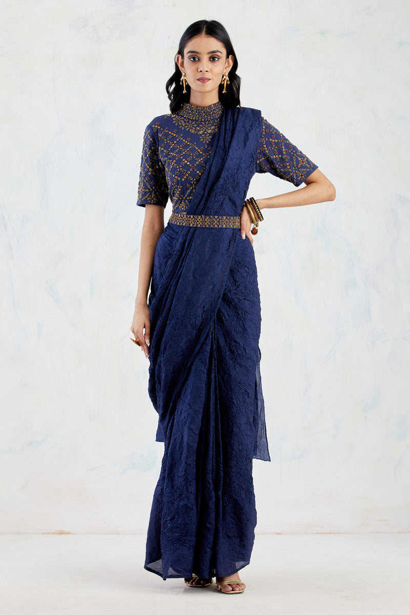 Crinkle Silk Pre Stitched Drape Saree Paired With Stretch Lycra Hand Embellished Blouse And Belt