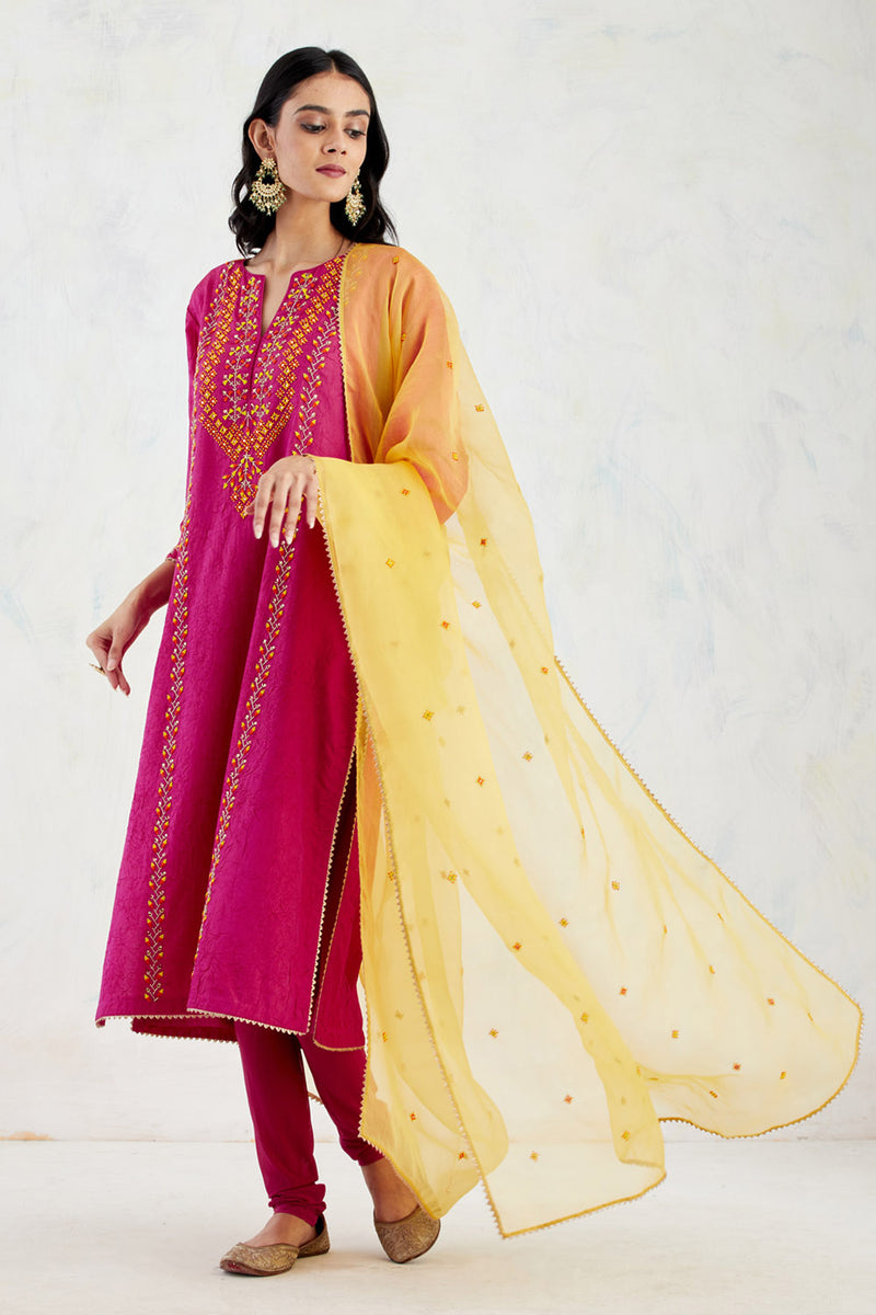 Fuchsia Crinkle Silk Kurta In Intricate And Colourful Bead Work Paired With Yellow Organza Dupatta And Lycra Mesh Legging