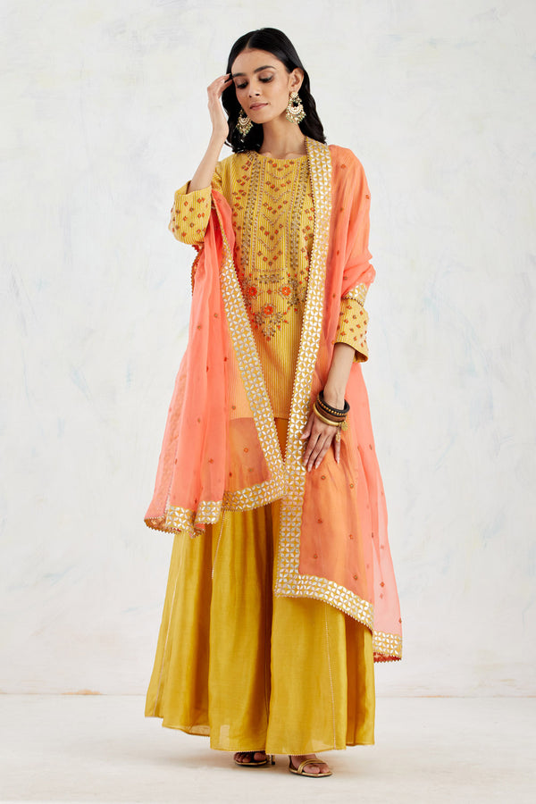 Chanderi Silk Kurti And Sharara In Intricate Colourful Bead Work Embroidery Paired With Tangerine Organza Silk Dupatta