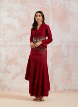 Red Chanderi Jacket With Skirt
