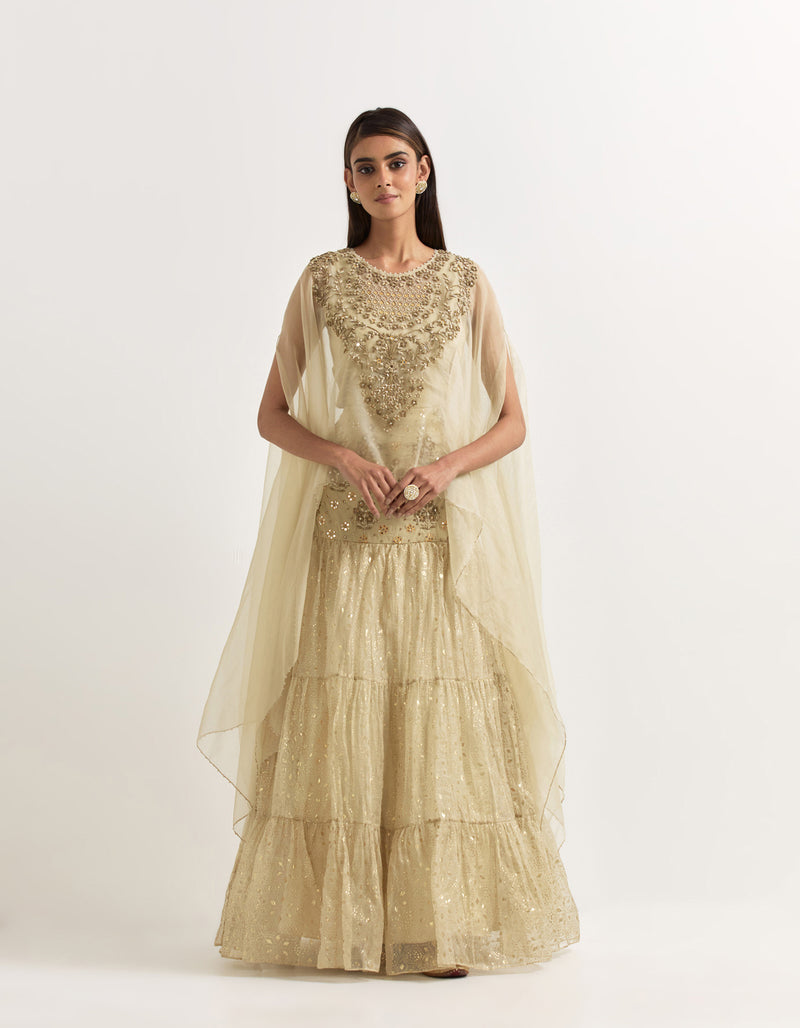 Beige Cape With Tiered Skirt In Organza