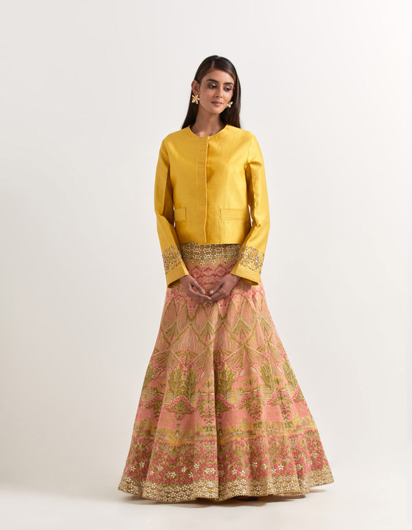 Yellow and Pink Jacket With Skirt In Chanderi and Organza
