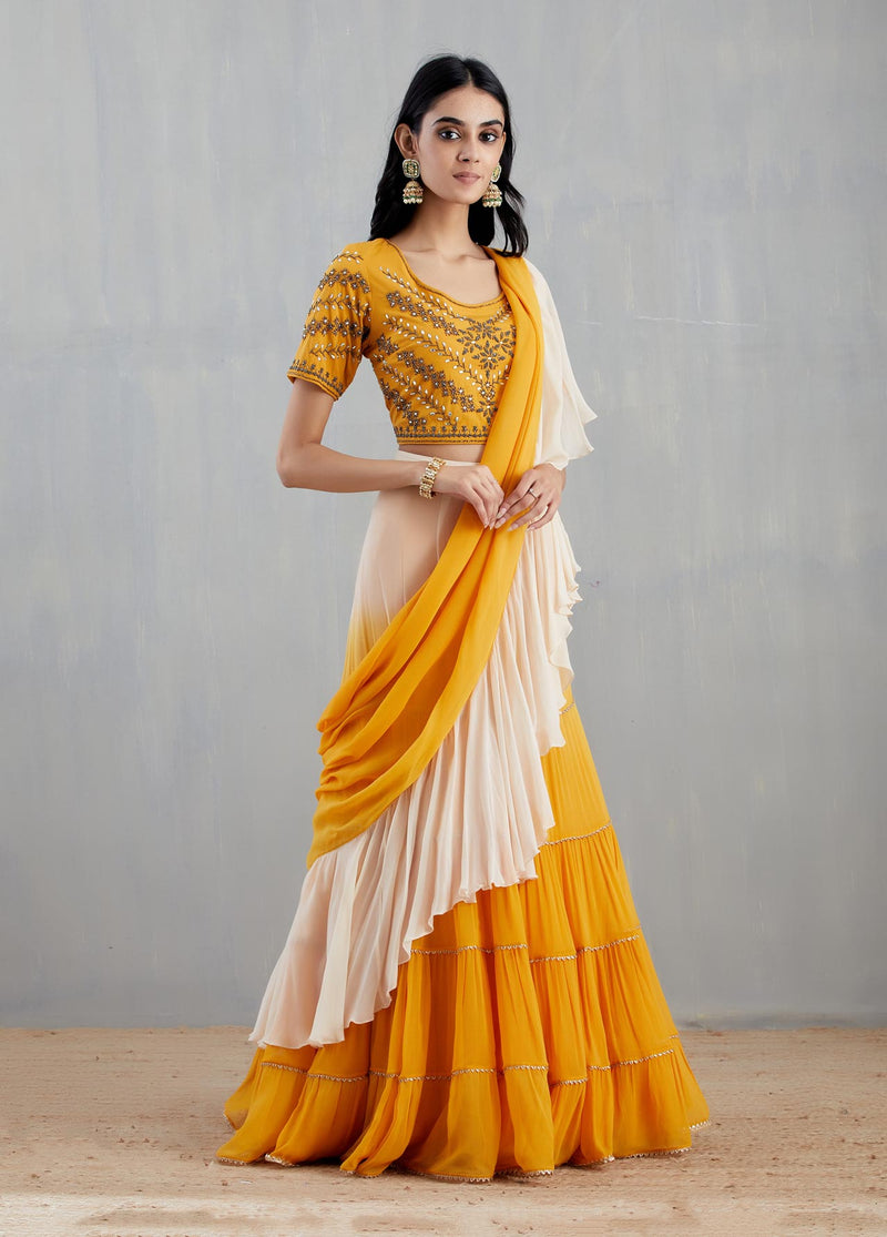 Yellow and Off White Saree Set