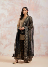 Beige And  Black Organza Silk Sharara Set