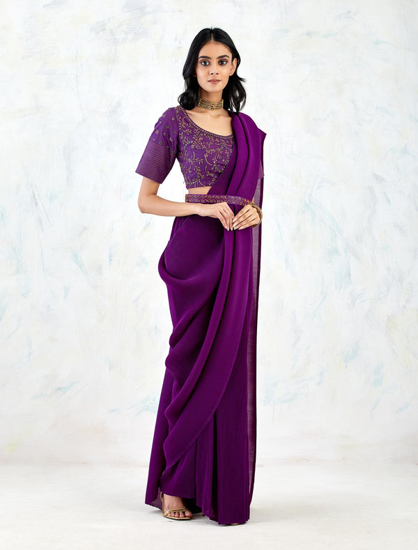 Purple Saree Set with Hand Embroidery